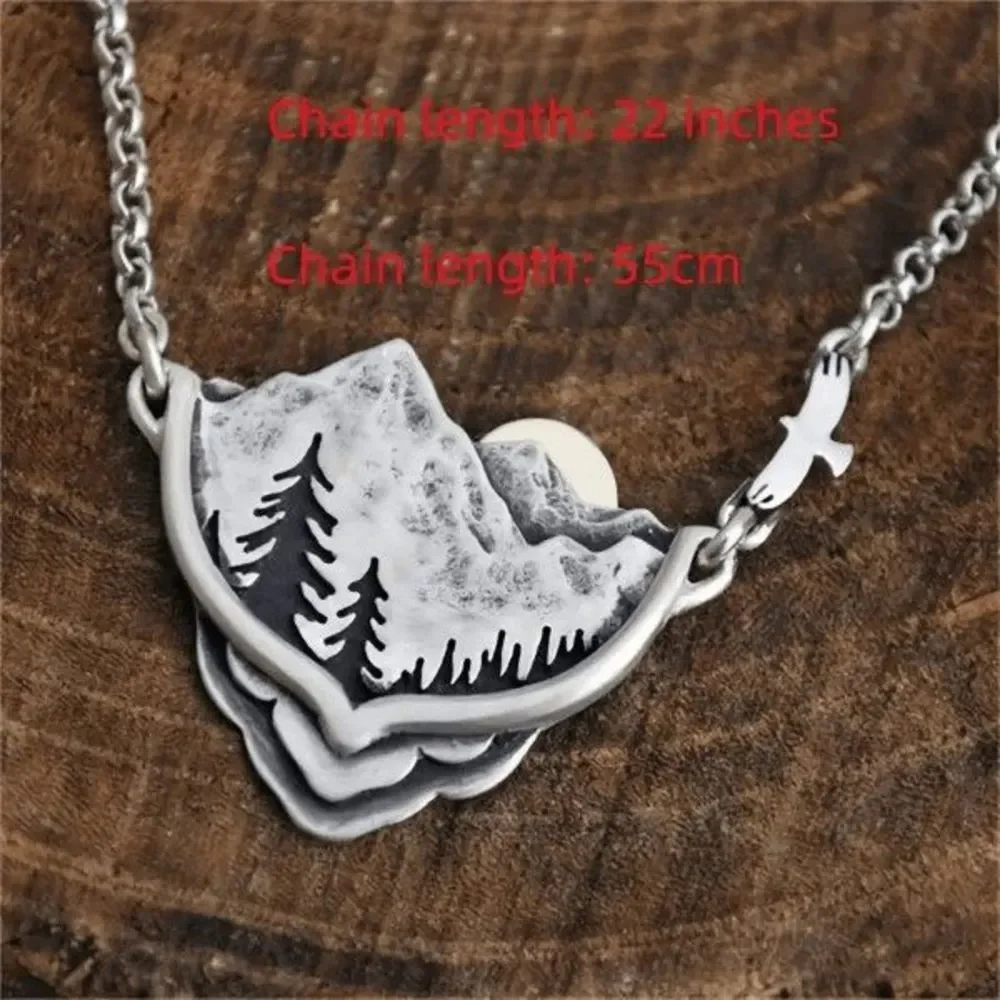 Silver Mountain Valley Pines Moon Sunset Boho Landscape Scalloped Necklace